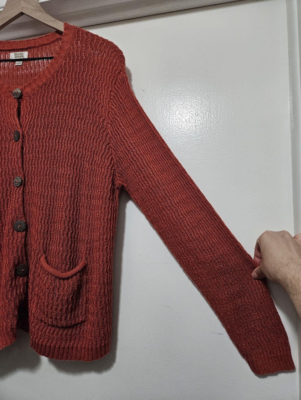 Baxter & Wells XL Ramie Cotton sweater cardigan burnt orange crochet knit button - Picture 3 of 16